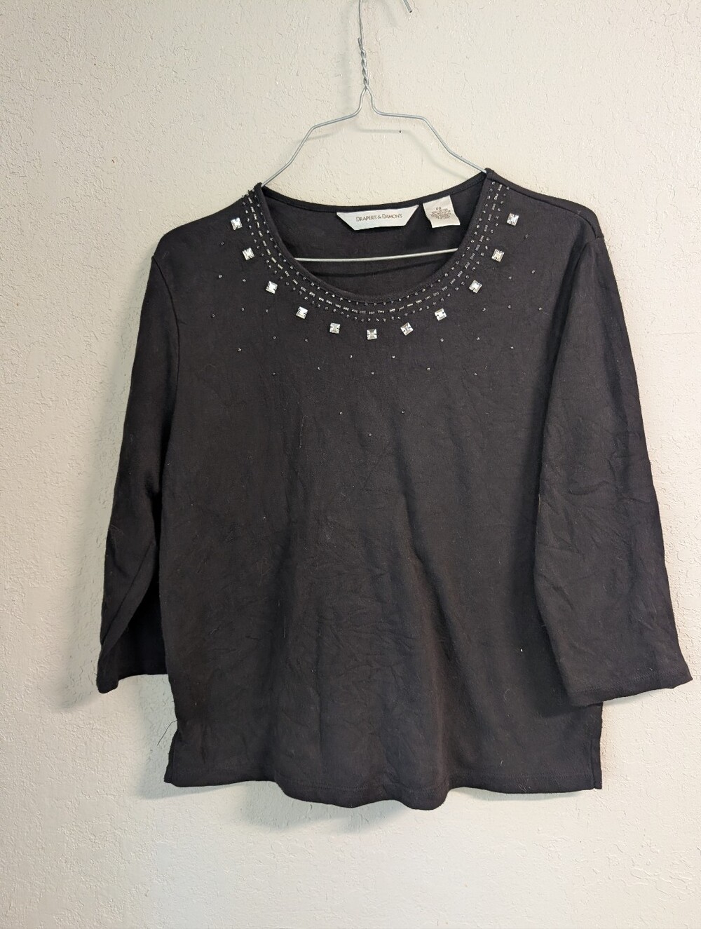 Bling Studded Top Petite Small Black Beaded Scoop Neck Boxy 3/4 Sleeve Dressy